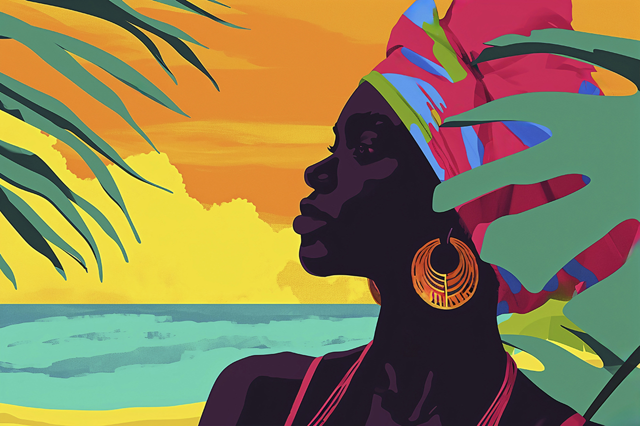 Illustration belle femme Guadeloupe, mer des Caraïbes, plage de la Perle, Deshaies, Guadeloupe