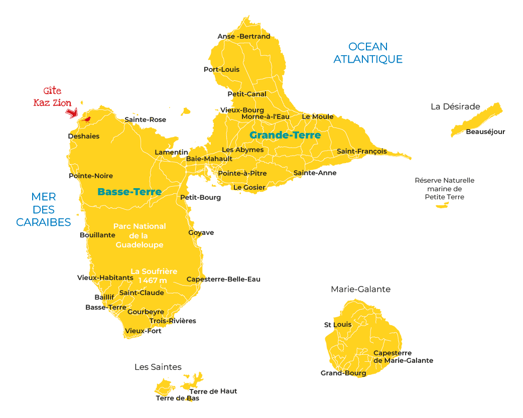 Plan de situation géographique Location Les Cabanes entre les arbres de lydie, Deshaies, Guadeloupe