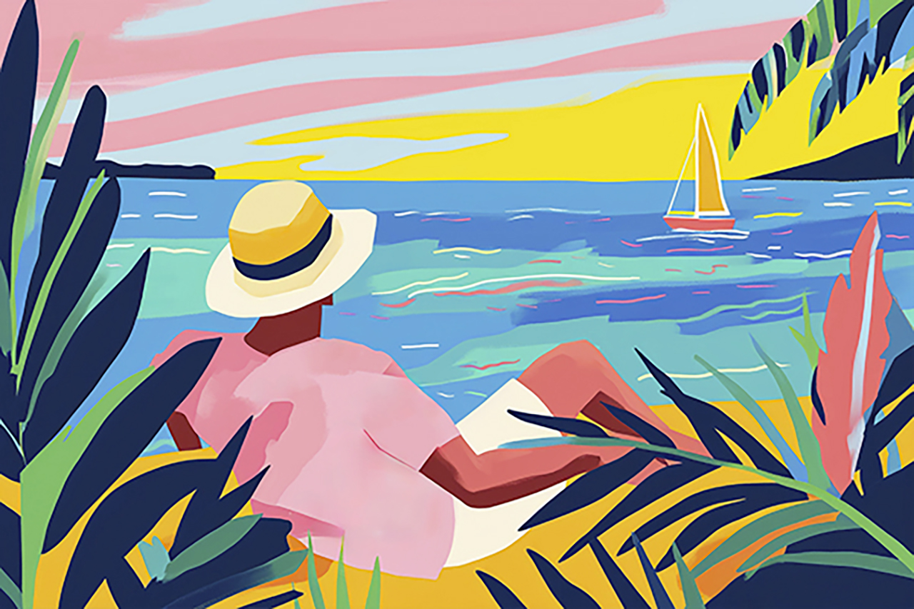 Illustration d'un homme heureux face à la mer de Caraïbes, Deshaies, Guadeloupe
